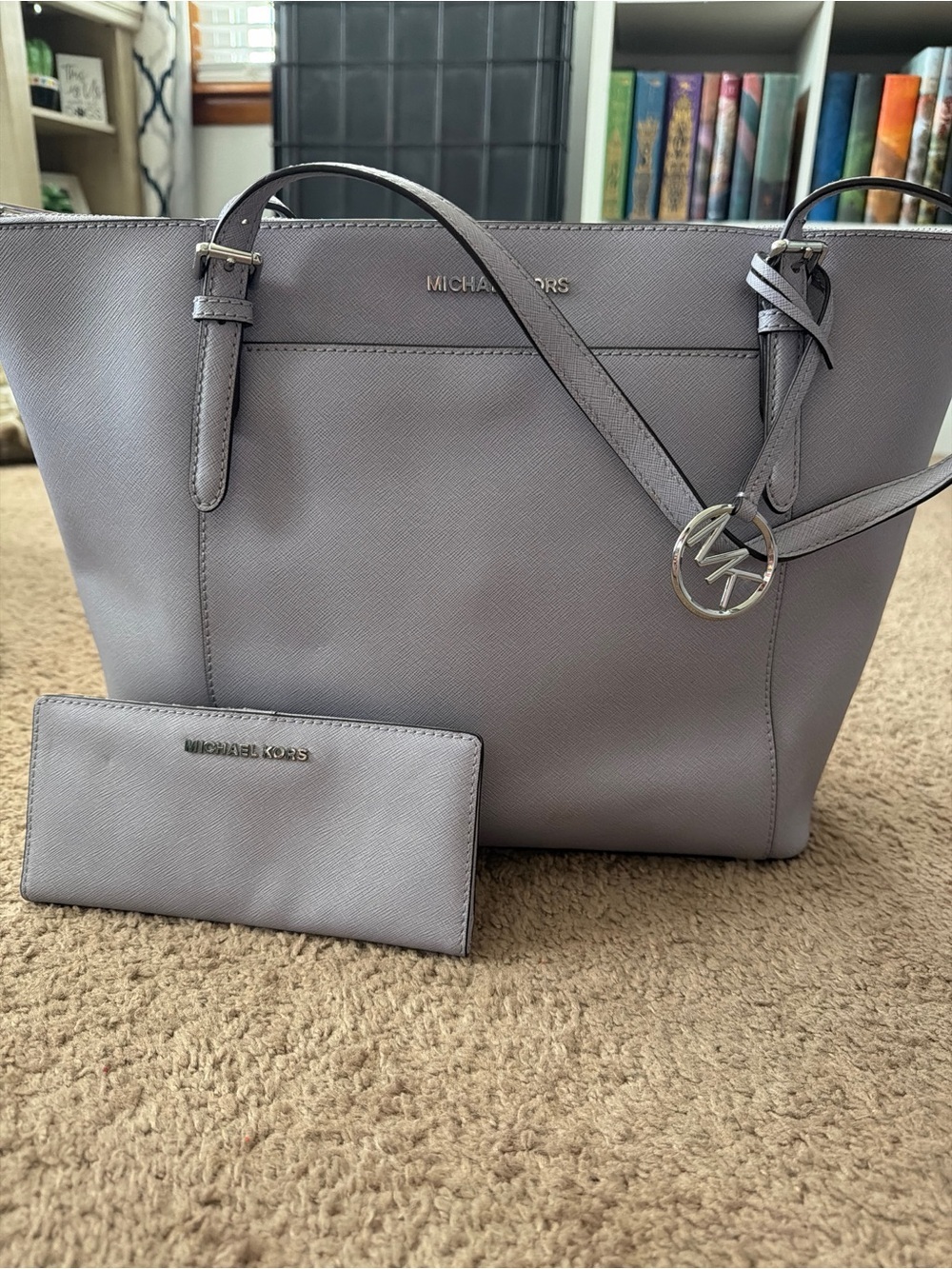 Michael Kors Pale Purple Saffiano Leather Tote Purse and Wallet Set Pearl Grey